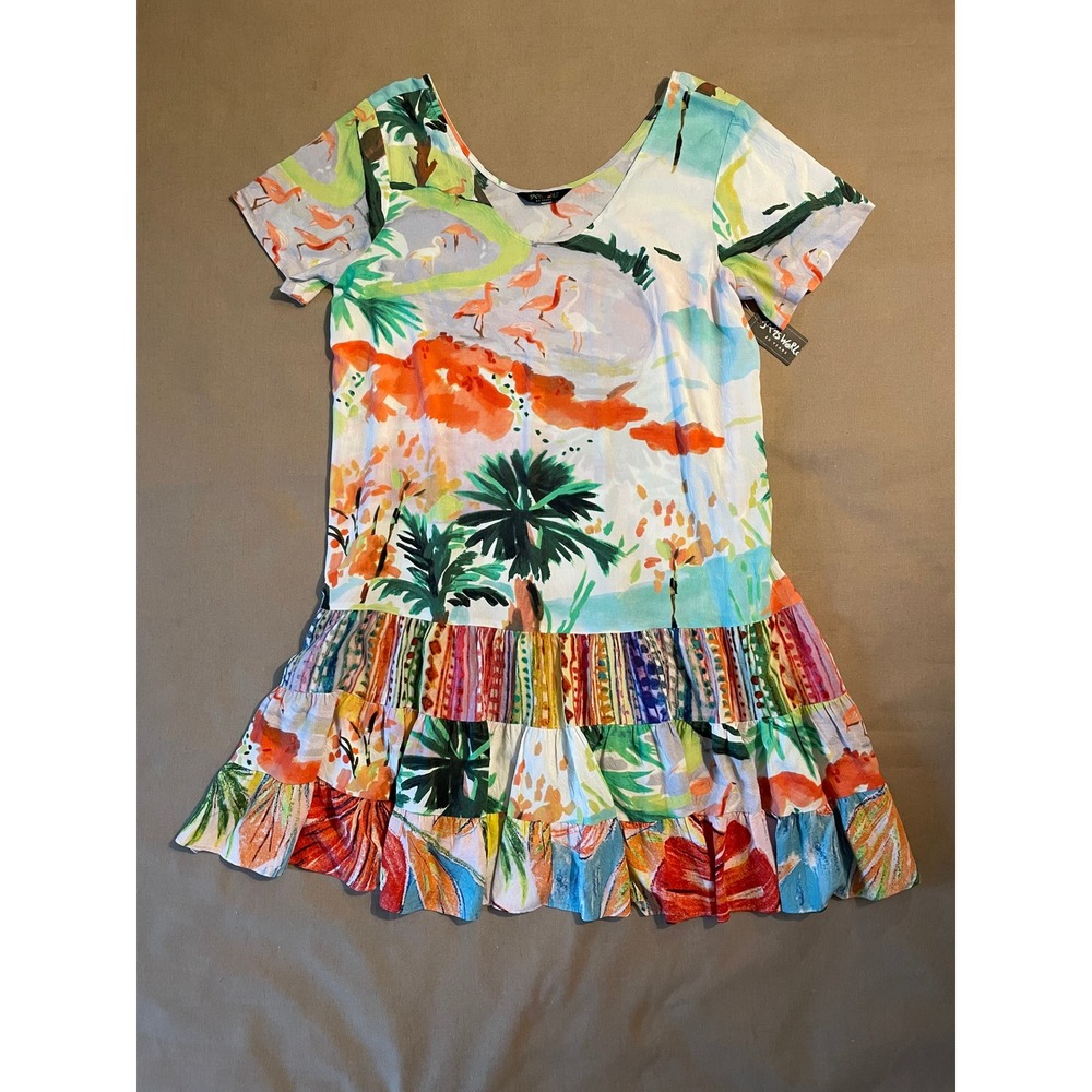 NWT Jams World Dress Womens XL Flamingo Beach Tropical Ruffle Hem Swing Retro